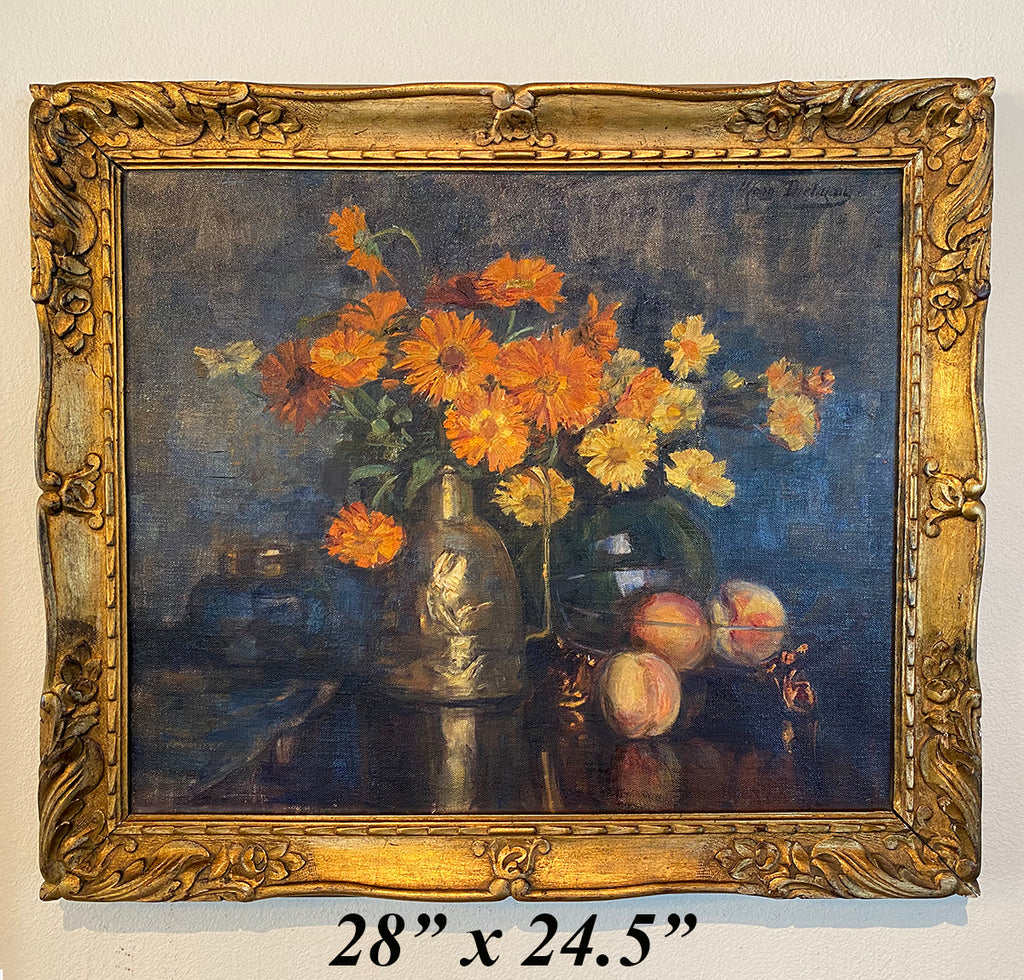 Antique French Oil Painting in Gilt Wood Frame, Still Life with Flowers, Vase, Fruit 28" x 24.5"