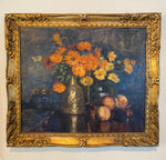 Antique French Oil Painting in Gilt Wood Frame, Still Life with Flowers, Vase, Fruit 28" x 24.5"