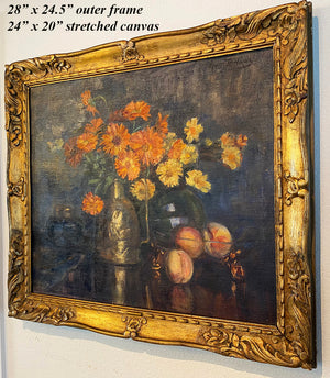 Antique French Oil Painting in Gilt Wood Frame, Still Life with Flowers, Vase, Fruit 28" x 24.5"