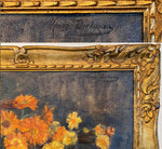 Antique French Oil Painting in Gilt Wood Frame, Still Life with Flowers, Vase, Fruit 28" x 24.5"