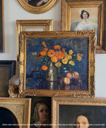 Antique French Oil Painting in Gilt Wood Frame, Still Life with Flowers, Vase, Fruit 28" x 24.5"