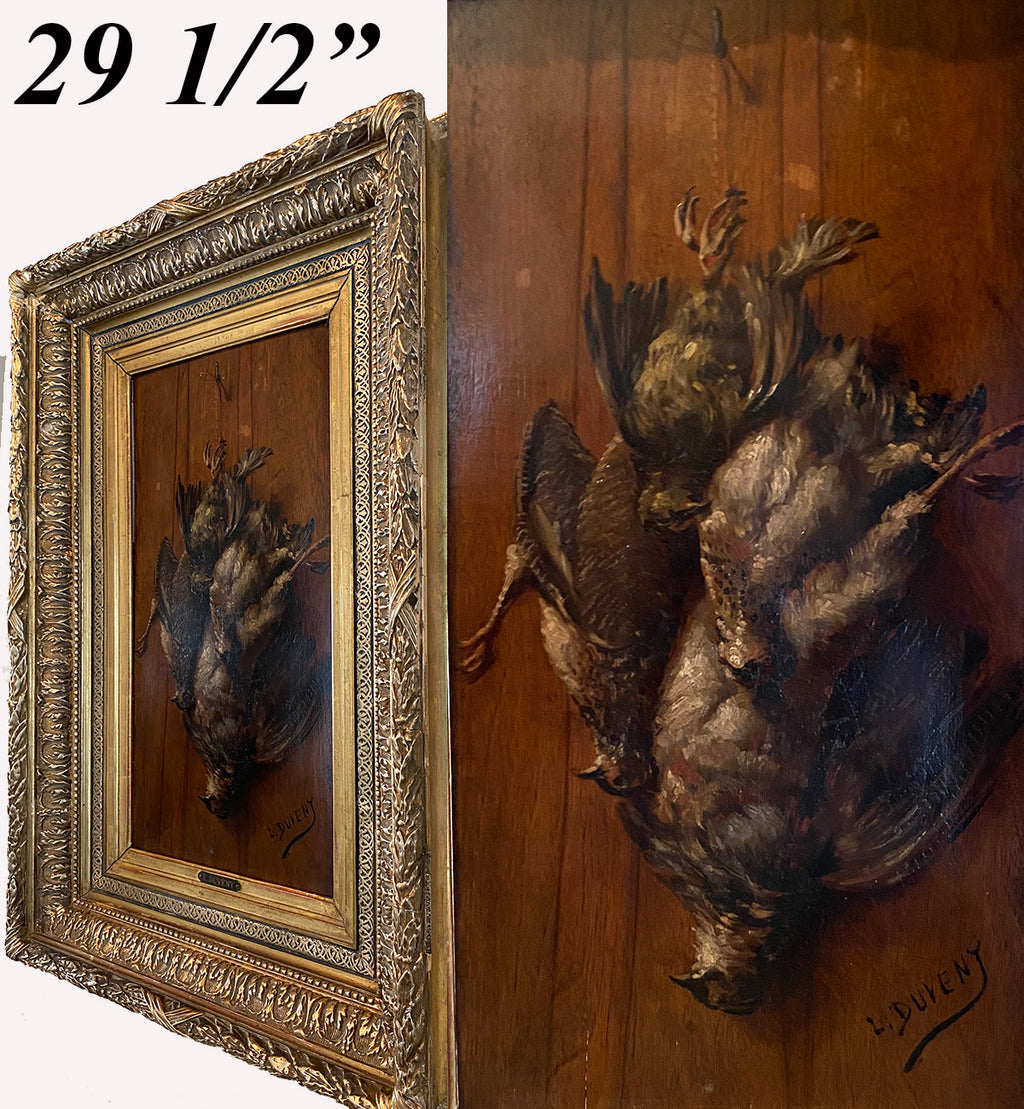 Antique "Fruits of the Hunt" Themed Oil Painting on board, Nature Morte, Frame: 29.5" x 20.25", L. Duveny