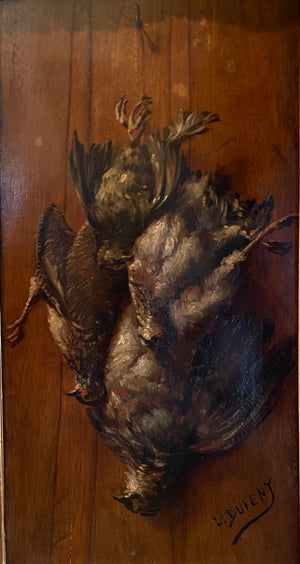 Antique "Fruits of the Hunt" Themed Oil Painting on board, Nature Morte, Frame: 29.5" x 20.25", L. Duveny