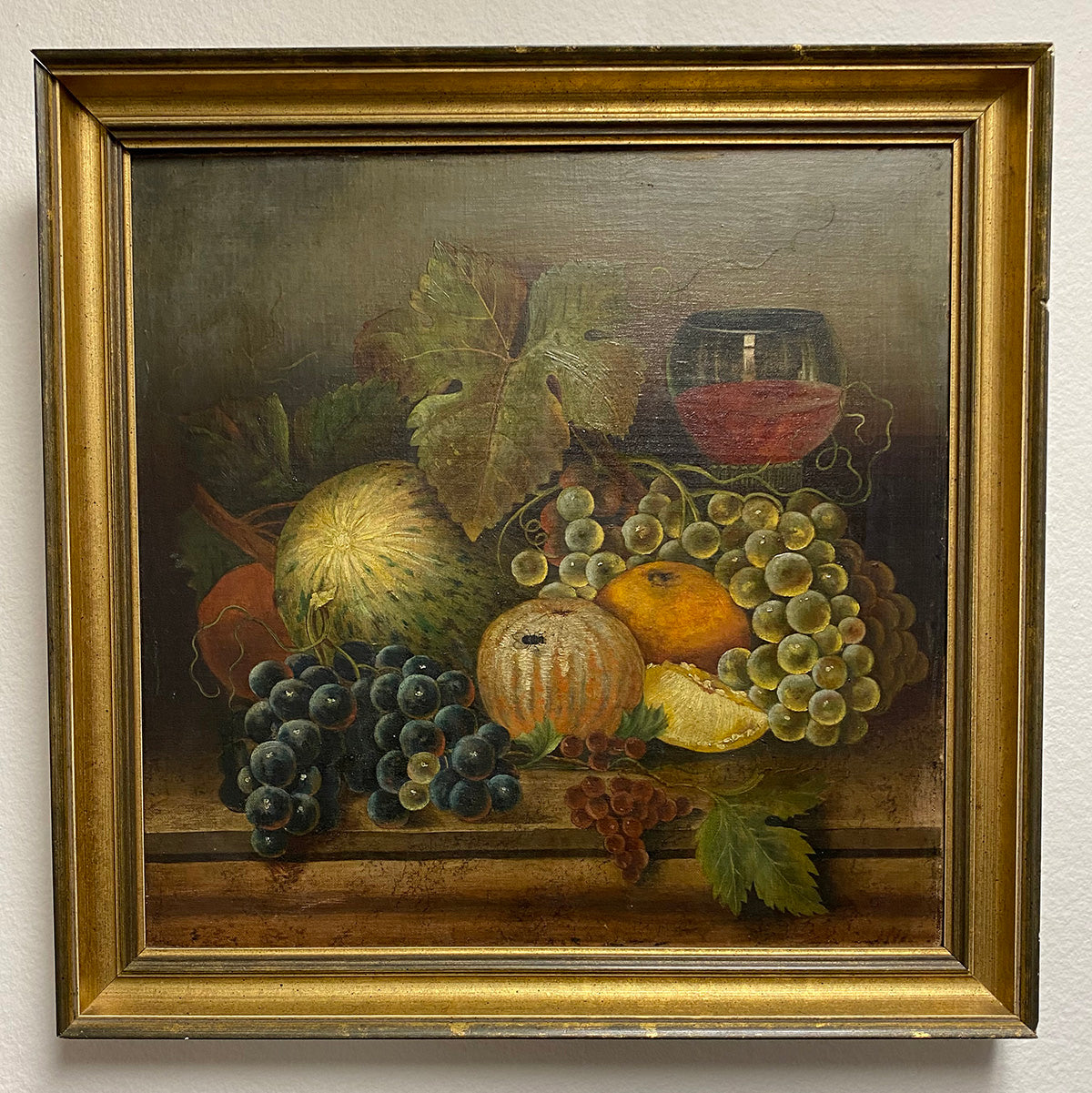 Antique French Oil Painting, Still Life with Fruit, Wine, a Fly, in Frame 18" Square