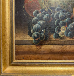Antique French Oil Painting, Still Life with Fruit, Wine, a Fly, in Frame 18" Square