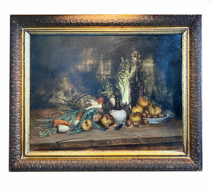 Antique Oil Painting, Elaborate French Still Life in 31.5" x 25.5" Gilt Gesso on Wood Frame