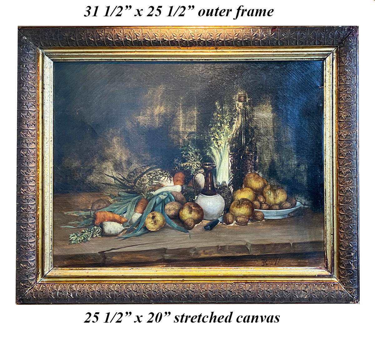 Antique Oil Painting, Elaborate French Still Life in 31.5" x 25.5" Gilt Gesso on Wood Frame