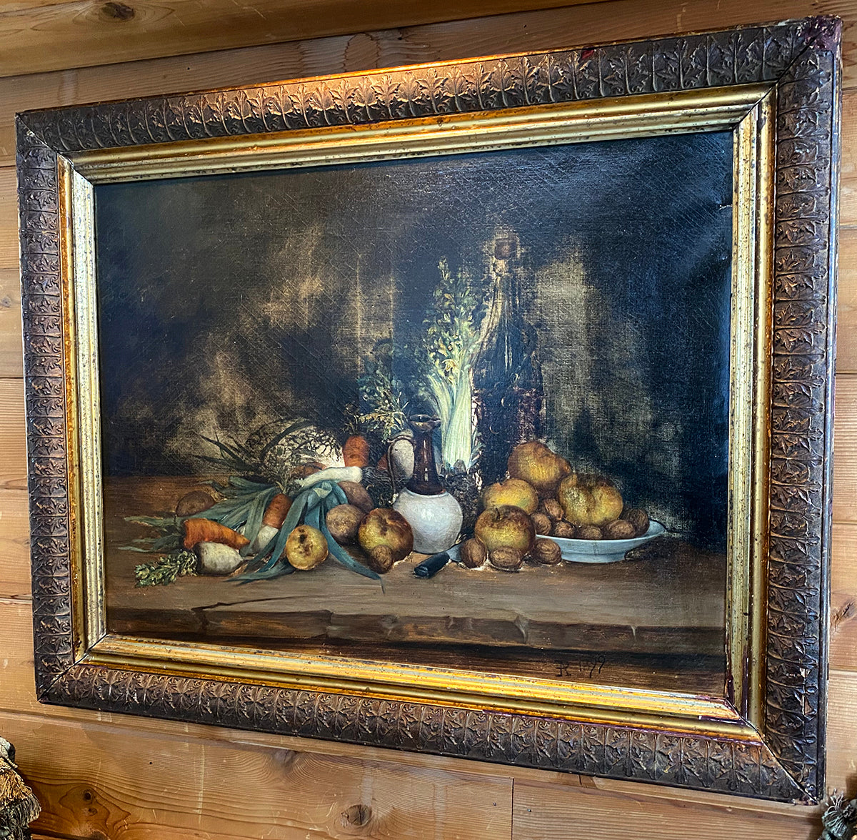 Antique Oil Painting, Elaborate French Still Life in 31.5" x 25.5" Gilt Gesso on Wood Frame