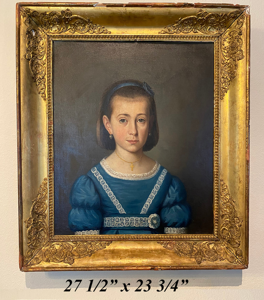 Antique French Empire Oil Painting Portrait, Beautiful Young Girl in Blue, Frame 27.75" x 23.75"