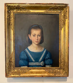 Antique French Empire Oil Painting Portrait, Beautiful Young Girl in Blue, Frame 27.75" x 23.75"