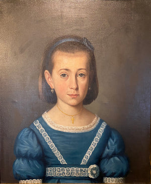 Antique French Empire Oil Painting Portrait, Beautiful Young Girl in Blue, Frame 27.75" x 23.75"