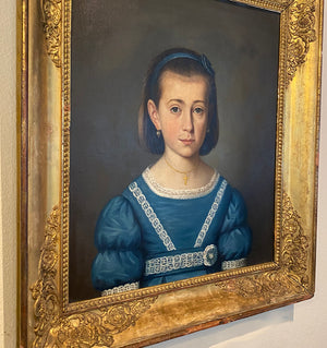 Antique French Empire Oil Painting Portrait, Beautiful Young Girl in Blue, Frame 27.75" x 23.75"