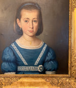 Antique French Empire Oil Painting Portrait, Beautiful Young Girl in Blue, Frame 27.75" x 23.75"