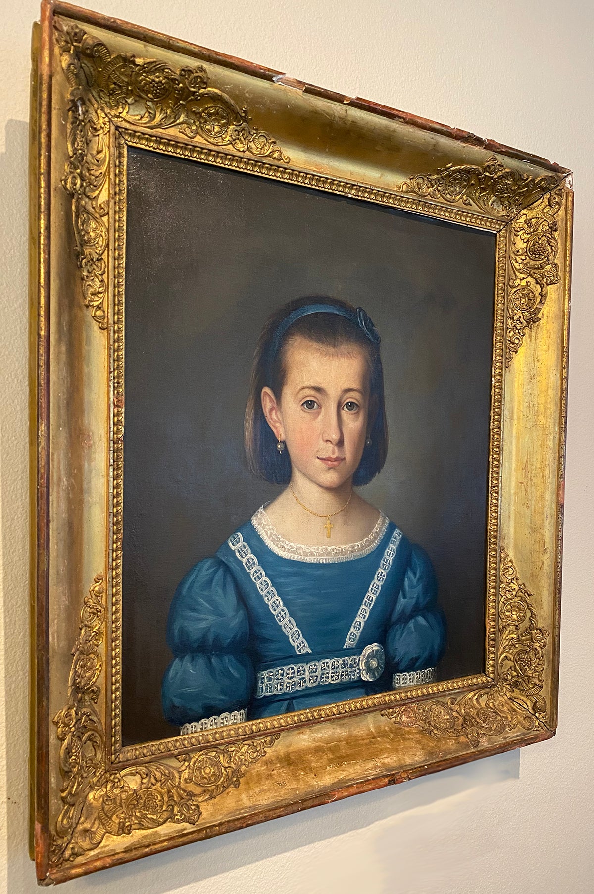 Antique French Empire Oil Painting Portrait, Beautiful Young Girl in Blue, Frame 27.75" x 23.75"