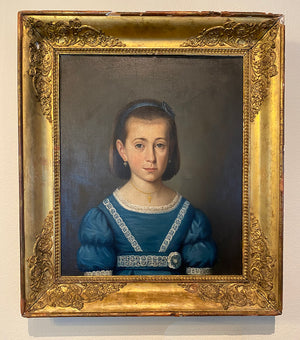 Antique French Empire Oil Painting Portrait, Beautiful Young Girl in Blue, Frame 27.75" x 23.75"