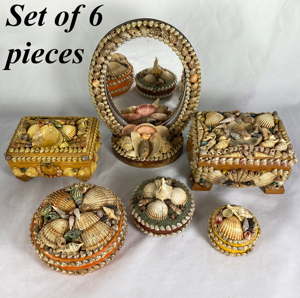 Collection of 6 Antique to Vintage French Handmade Seashore Souvenir Items, Box, Mirror