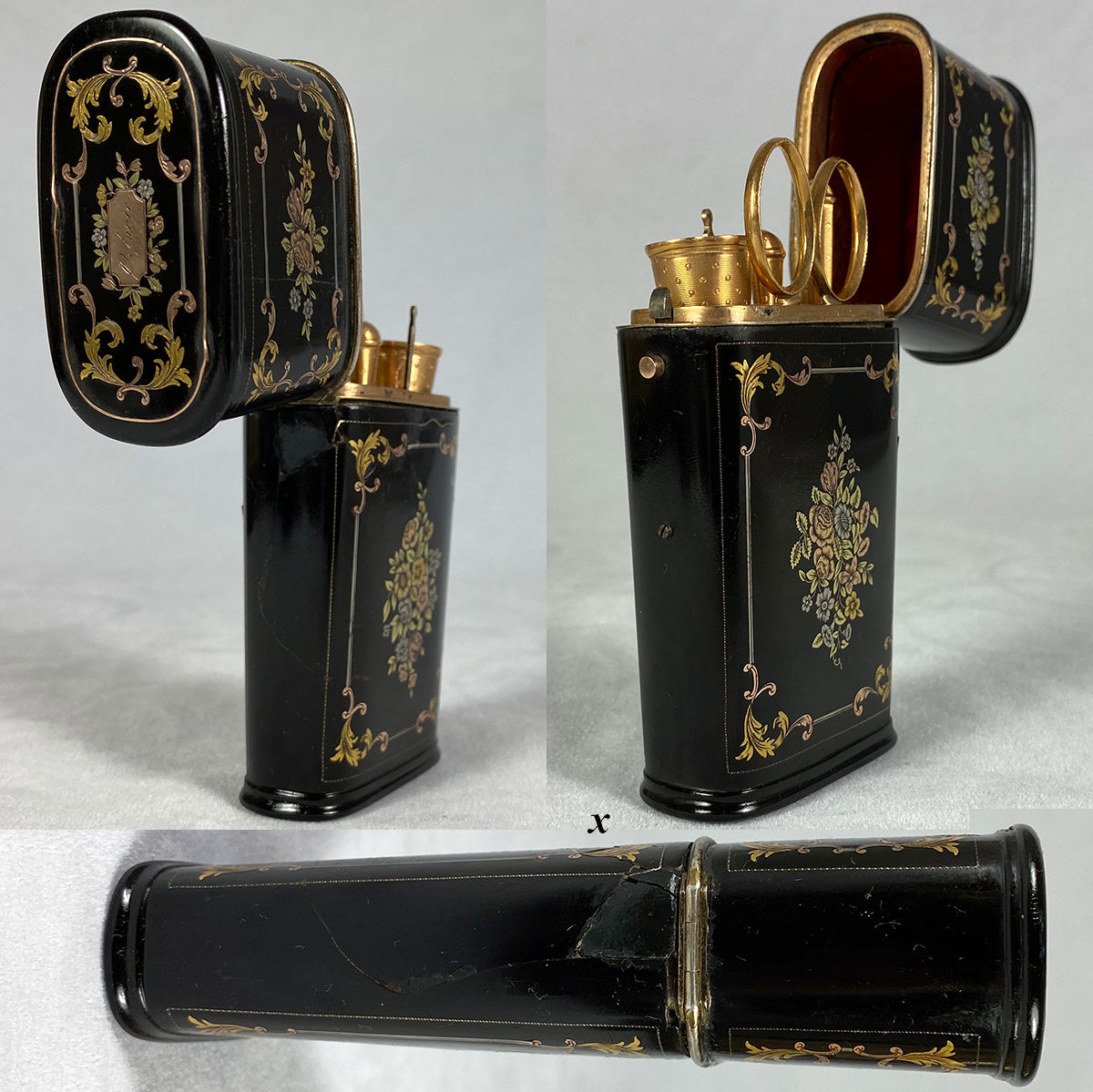 Fine Antique French Sewing Etui, Tortoise Shell Pique Case with 18k Gold Sewing Tools, Scissors, Thimble, etc. c.1830