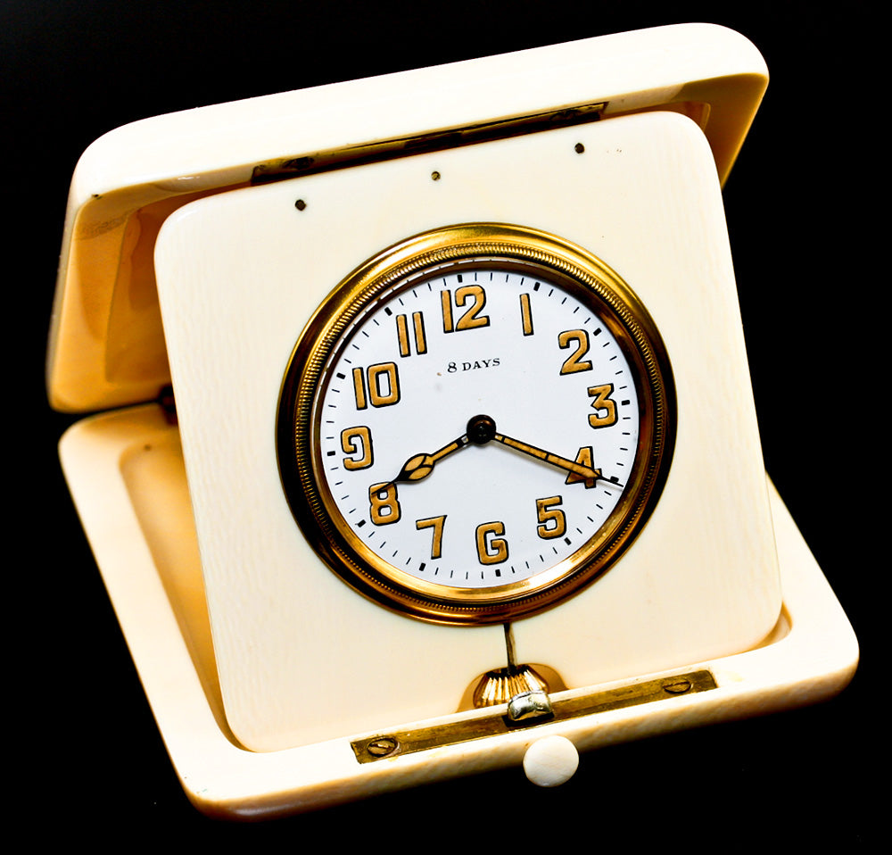 Antique c.1900-1910 Large 3.5" Folding 8-Day Travel Clock, Heavy Solid Ivory Case, Runs Well