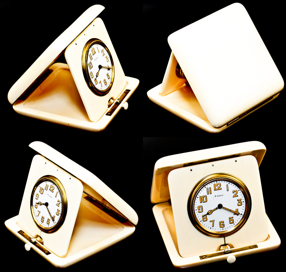 Antique c.1900-1910 Large 3.5" Folding 8-Day Travel Clock, Heavy Solid Ivory Case, Runs Well