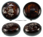Antique French Pique 19th c. Tortoise Shell Box, Sterling Silver and Gold Boulle Round Casket