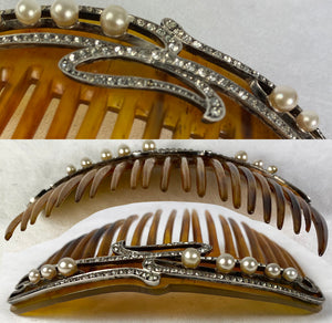 Rare Antique French Tiara Hair Comb, Diamonds and Pearls, Spectacular!