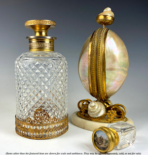 Antique French Baccarat 6" x 3" Cut Crystal Decanter, Scent Bottle, Dore Bronze Caddy