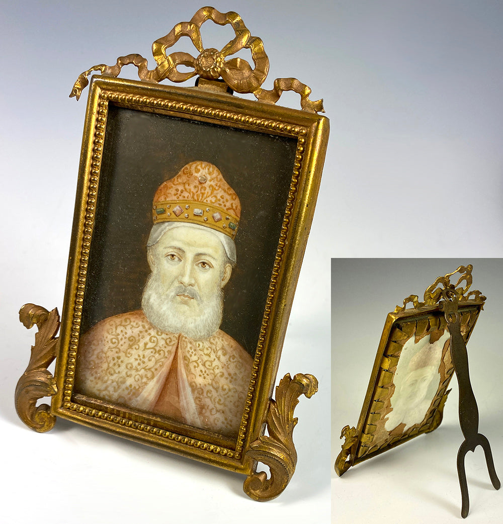 Antique Miniature Portrait, Painting of a Venetian Doge in Jeweled Corno Ducale