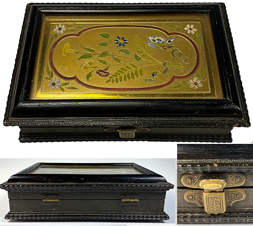 Antique French Palais Royal Sewing Box, Steel Implements, Glass-covered Enamel Plaque