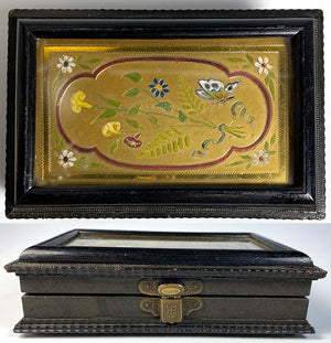 Antique French Palais Royal Sewing Box, Steel Implements, Glass-covered Enamel Plaque