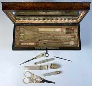 Fine Antique French Palais Royal 18k Gold, Mother of Pearl Sewing Set, Case, Cut Steel Pique, c.1800