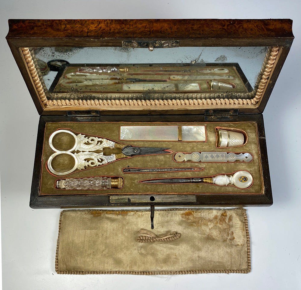 Fine Antique French Palais Royal 18k Gold, Mother of Pearl Sewing Set, Case, Cut Steel Pique, c.1800