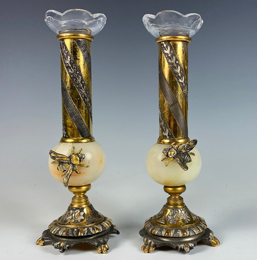 Napoleon Bee 19th c. Bud Vase Pair, Marble and Fluted Glass Inserts, Dore Bronze