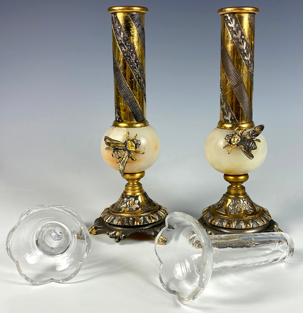 Napoleon Bee 19th c. Bud Vase Pair, Marble and Fluted Glass Inserts, Dore Bronze