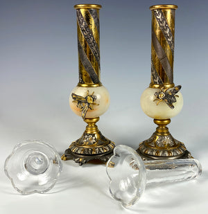 Napoleon Bee 19th c. Bud Vase Pair, Marble and Fluted Glass Inserts, Dore Bronze