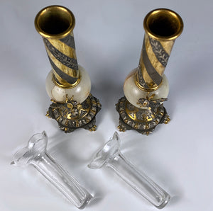 Napoleon Bee 19th c. Bud Vase Pair, Marble and Fluted Glass Inserts, Dore Bronze