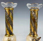 Napoleon Bee 19th c. Bud Vase Pair, Marble and Fluted Glass Inserts, Dore Bronze