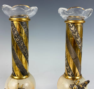 Napoleon Bee 19th c. Bud Vase Pair, Marble and Fluted Glass Inserts, Dore Bronze