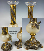 Napoleon Bee 19th c. Bud Vase Pair, Marble and Fluted Glass Inserts, Dore Bronze