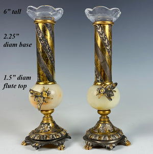 Napoleon Bee 19th c. Bud Vase Pair, Marble and Fluted Glass Inserts, Dore Bronze