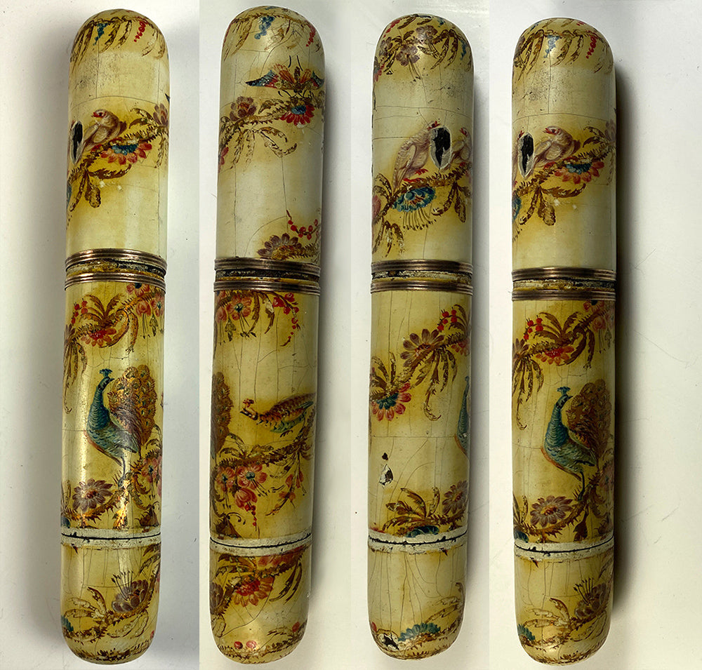 Antique c.1750s French Billet Doux, Peacock and Hen, Love Birds, Florals, HP Vernis Martin