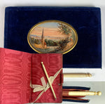 Antique French Aide d' Memoire, Carnet du Bal, Nécessaire, Eglomise View Countryside and Church