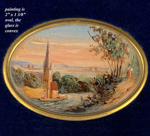 Antique French Aide d' Memoire, Carnet du Bal, Nécessaire, Eglomise View Countryside and Church