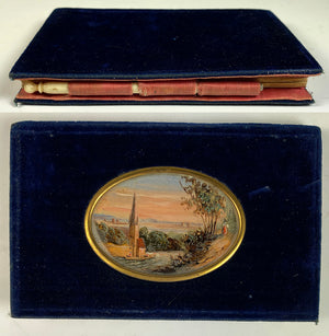 Antique French Aide d' Memoire, Carnet du Bal, Nécessaire, Eglomise View Countryside and Church