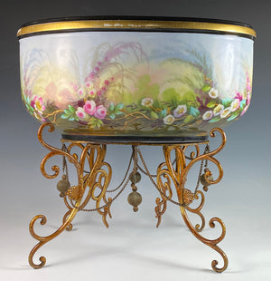 Large Antique French Painted Porcelain Jardiniere, Centerpiece, Raised on Stand