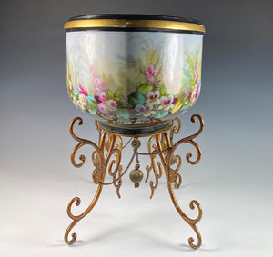 Large Antique French Painted Porcelain Jardiniere, Centerpiece, Raised on Stand