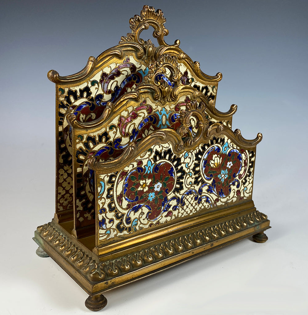 Stunning Big Antique French Desk Stationery Caddy, Champleve Enamel, Napoleon III