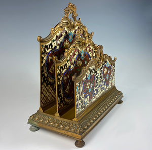 Stunning Big Antique French Desk Stationery Caddy, Champleve Enamel, Napoleon III