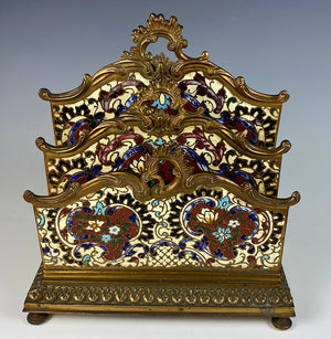 Stunning Big Antique French Desk Stationery Caddy, Champleve Enamel, Napoleon III