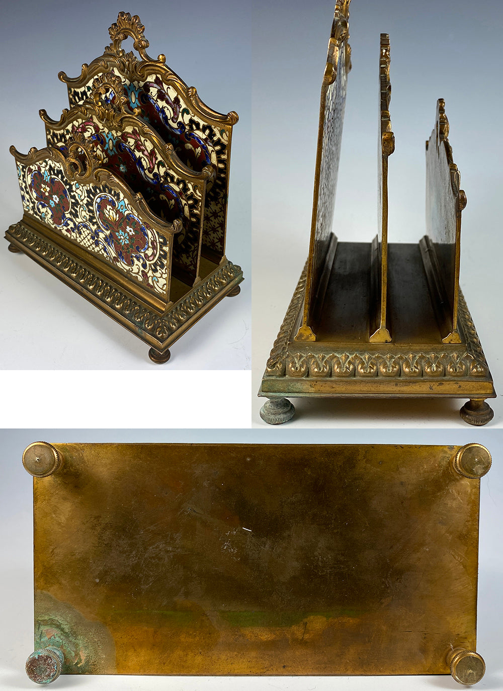 Stunning Big Antique French Desk Stationery Caddy, Champleve Enamel, Napoleon III