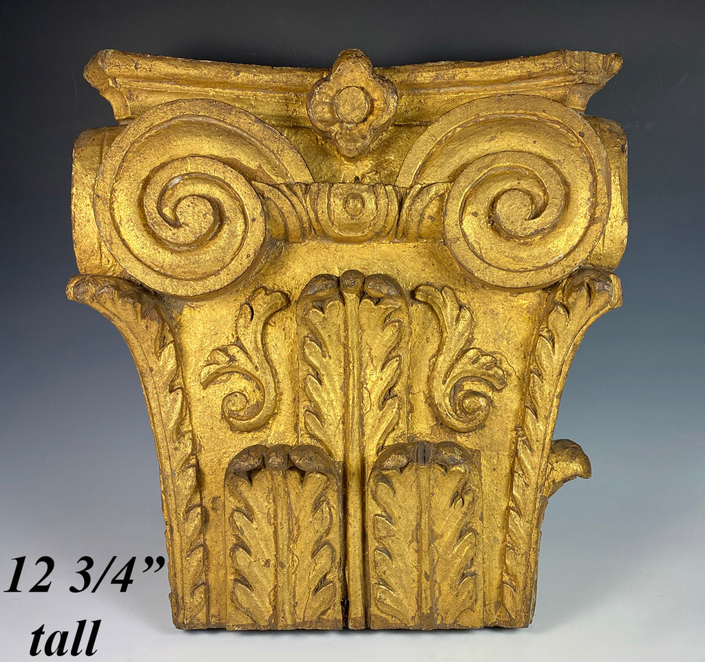 Antique Gilded Architectural Salvage Column Top, Crest, Composit Carved Wood, c.1700s